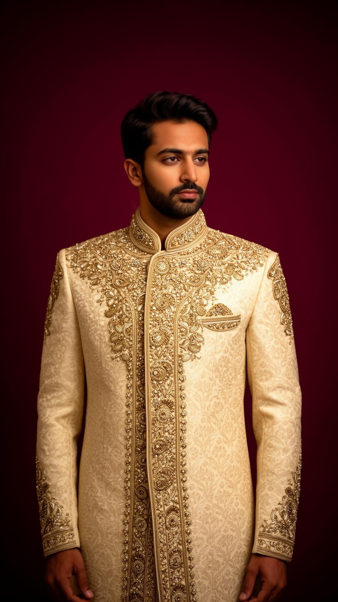 Groom in cream and gold embroidered sherwani